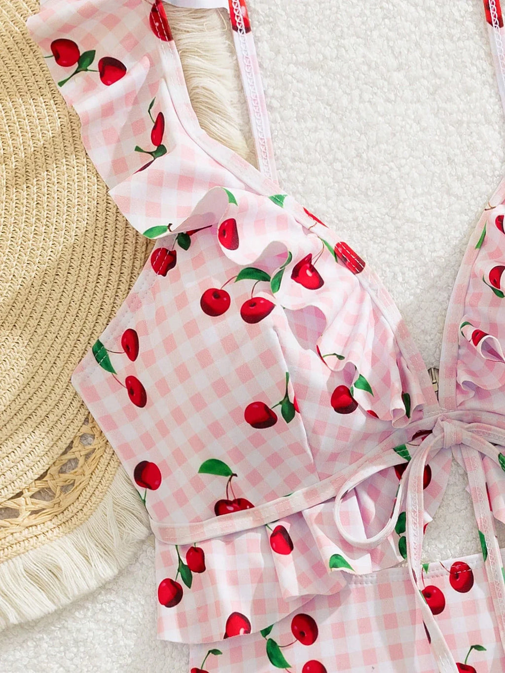 Vintage Pink Starberry Print One Piece Swimsuit 2026 Women Ruffles Bandage Cross High Waist Bikini Beach Bathing Suit Swimwear