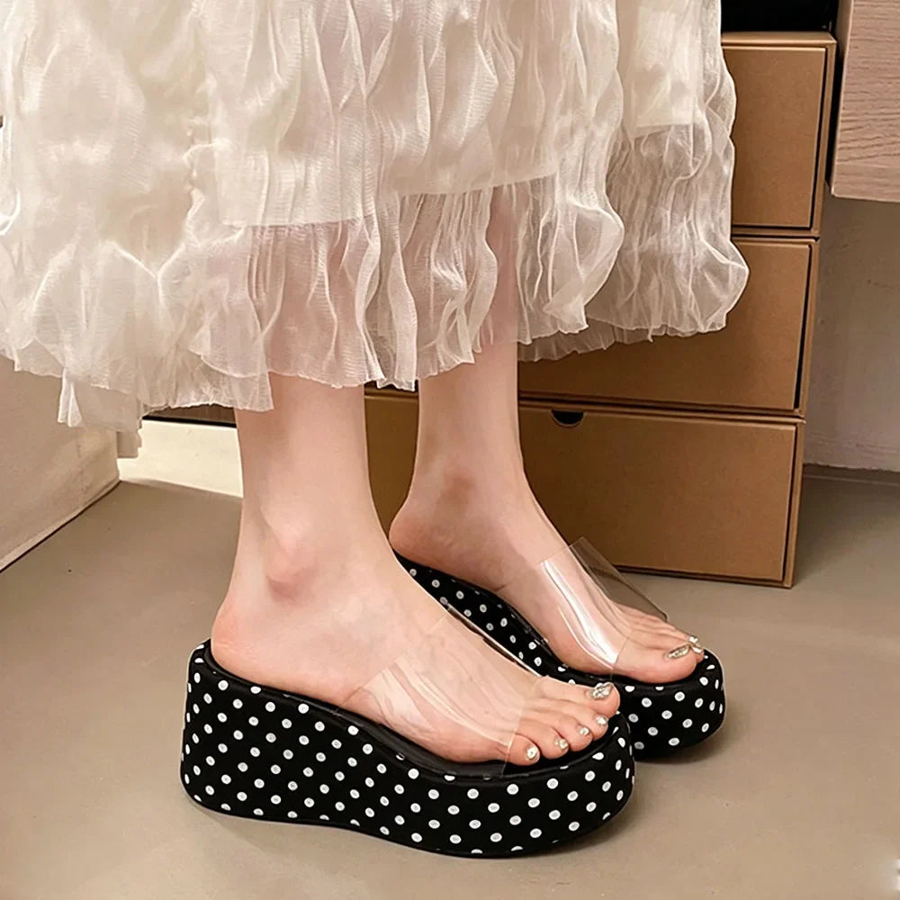 Transparent PVC Wedge Slide Mules Shoes Women Vintage Slip On Platform 7.5CM High Heel Leopard Print Polka Dot Summer Sandals
