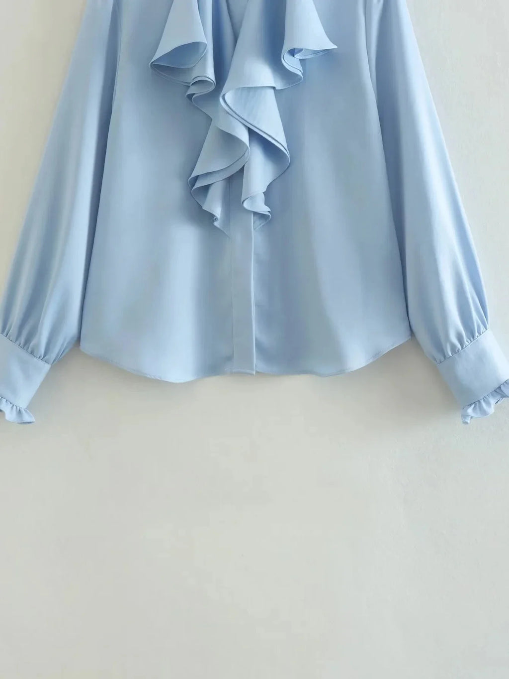 Foridol Ruffles Folds Light Blue Office Lady Satin Shirt Blouse Long Sleeve Spring Fashion Solid Button Up Blusa Autumn 2025