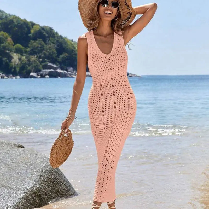 S - XL 2025 V Neck Hollow Out Crochet Knitted Tunic Beach Cover Up Long Cover-ups Beach Dress Beach Wear Beachwear Female Women