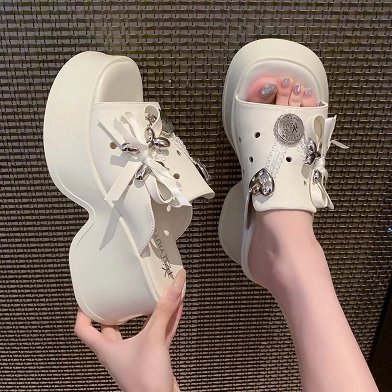Metal Decor Chunky Platform Sandals Women 2026 Summer Open Toe High Heels Clogs Slippers Woman Bowknot Wedge Heel Sandles Female