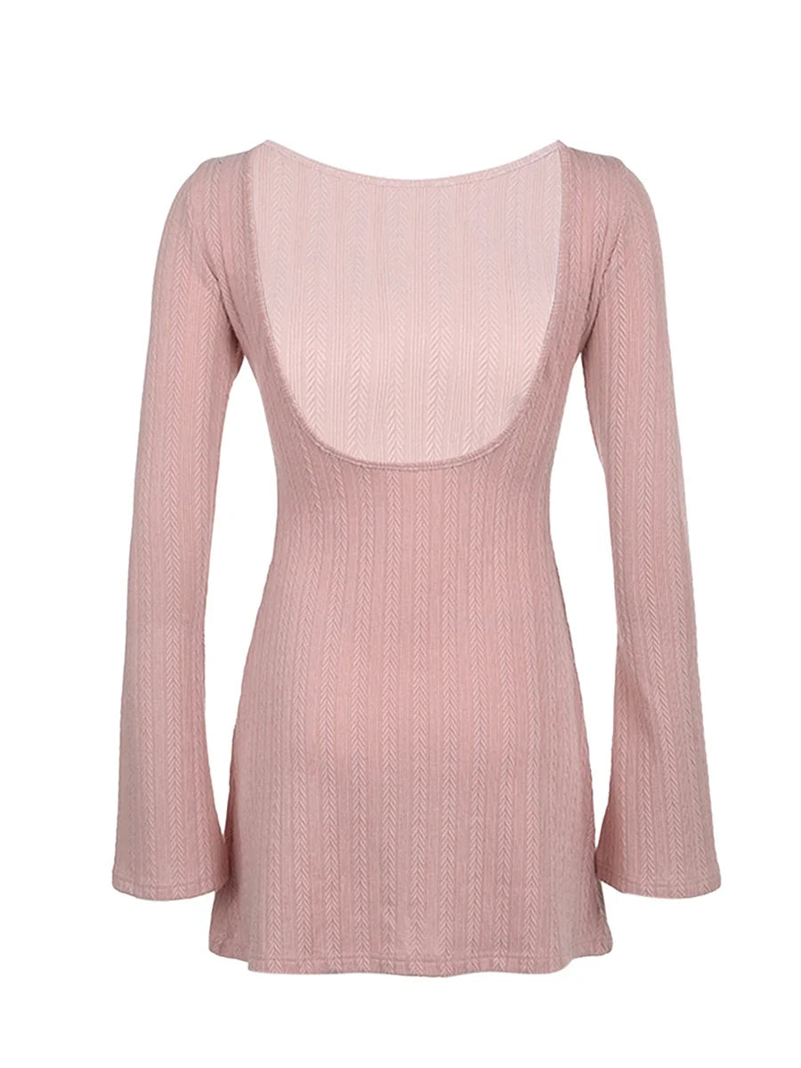 Women Spring Autumn Mini Dress Long Sleeve Crew Neck Backless Solid Color A-line Dress for Party Club