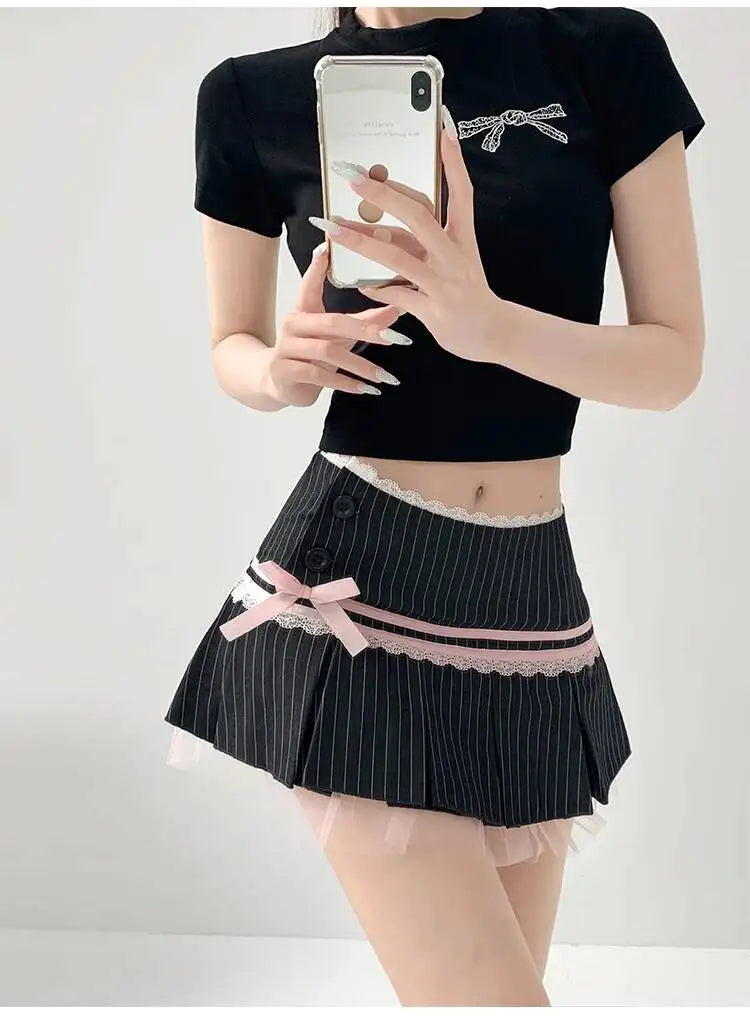 Striped Contrasting Color Bow Lace Splicing Pleated Skirt Women 2026 Summer American Style Low Waist  A-line Short Skirt UBFK