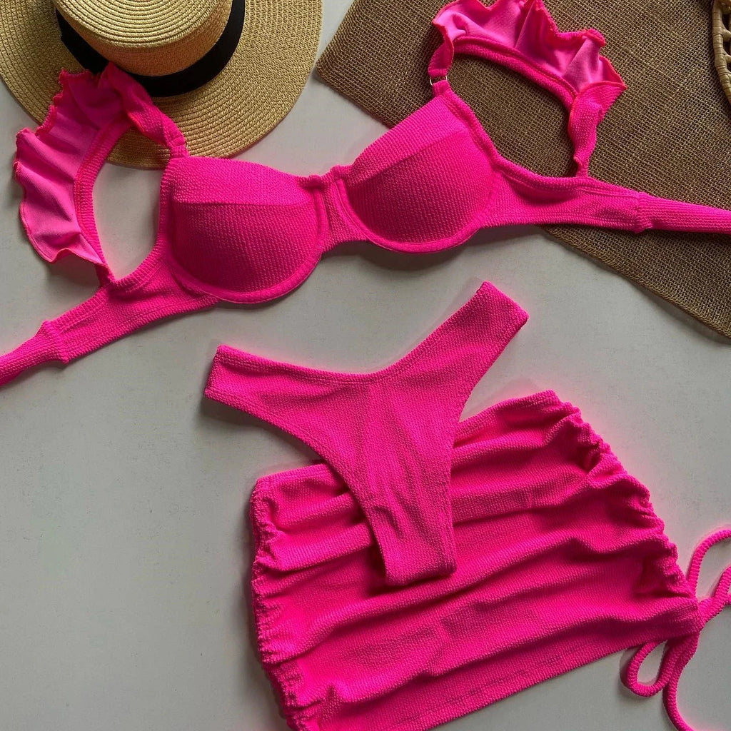 Solid Wavy Fabric Low Waist Bikini Set Cover Up Swimsuit For Women Push Up Ruffle Three Pieces Swimwear 2026 Beach Bathing Suits