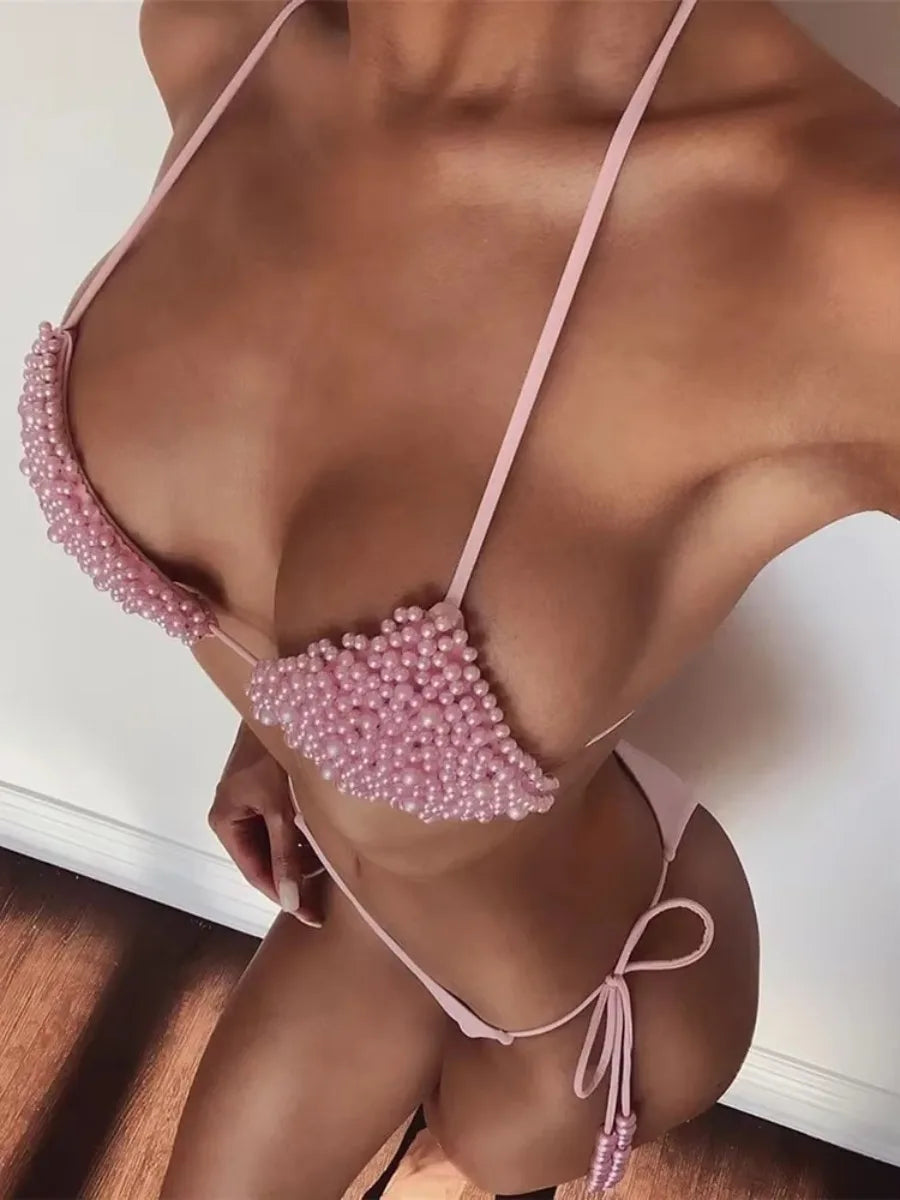 2026 Luxury Pearls Halter Mini Bikini Female Swimsuit Women Swimwear Two-pieces Bikini Set Bather Bathing Suit Swim Beachwear