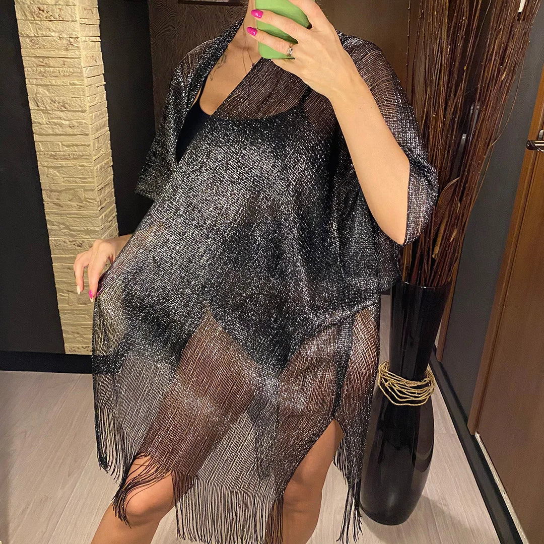 Sexy Fringe Tassel Mesh Sheer Shiny Knitted Tunic Beach Cover Up Cover-ups Beach Dress Beach Wear Beachwear Female Women V3321