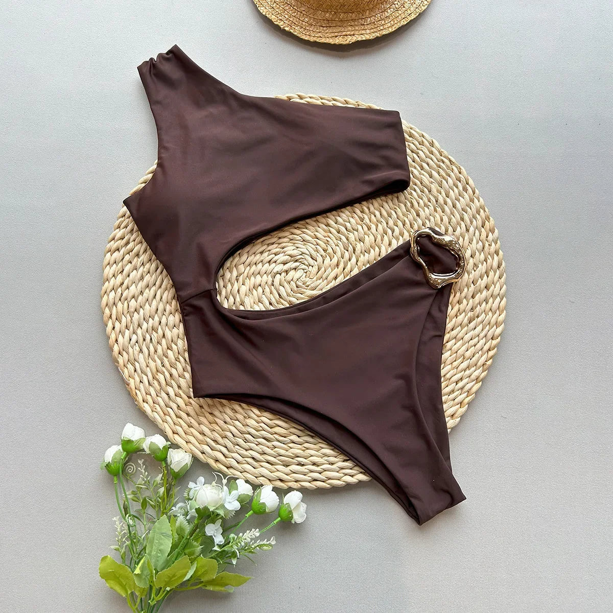 Asymmetric One Shoulder Metal Ring Women Swimwear One Piece Swimsuit Female High Cut Monokini Bather Bathing Suit Swim Beachwear