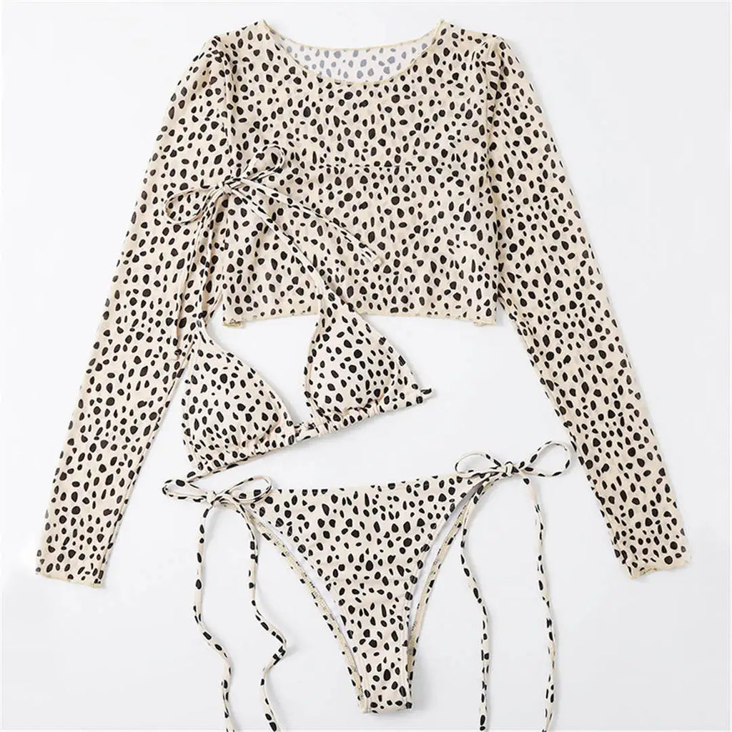 S- XXL Leopard Printed Long Sleeve Bikini Women Swimwear Female Swimsuit Three-Pieces Bikini Set Bather Bathing Suit Swim V3193Y