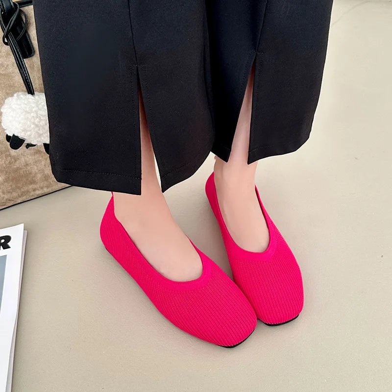 Leopard Color Square Toe Knitted Loafers Women Leisure Flat Shoes Soft Bottom Shallow Ballet Flats Casual Slip on Boat Shoes