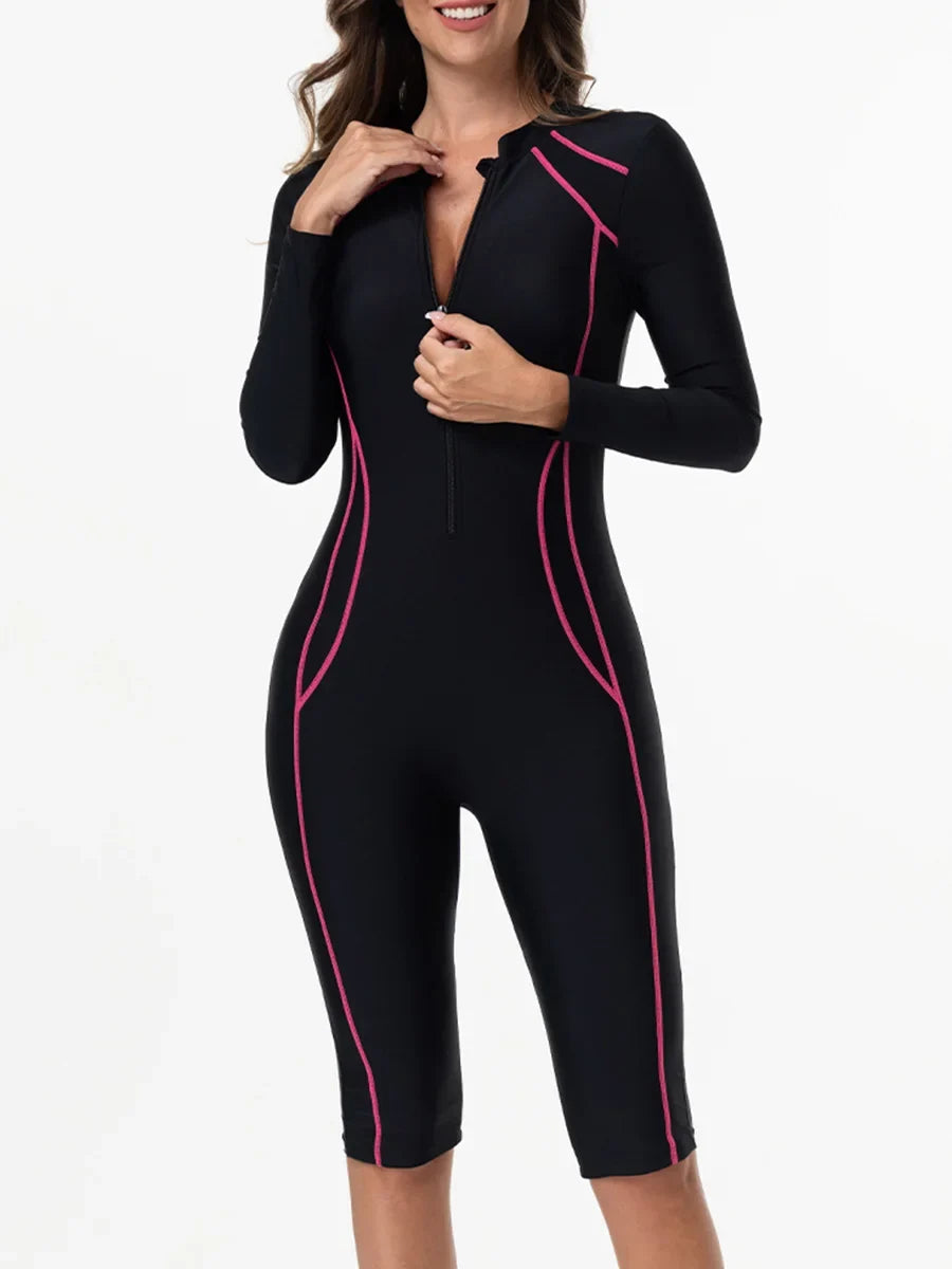 2026 Zipper Slim One Piece Swimsuit Women Long Sleeve & Knee Swimwear Female Bather Bathing Swimming Swim Surf Suit Beachwear