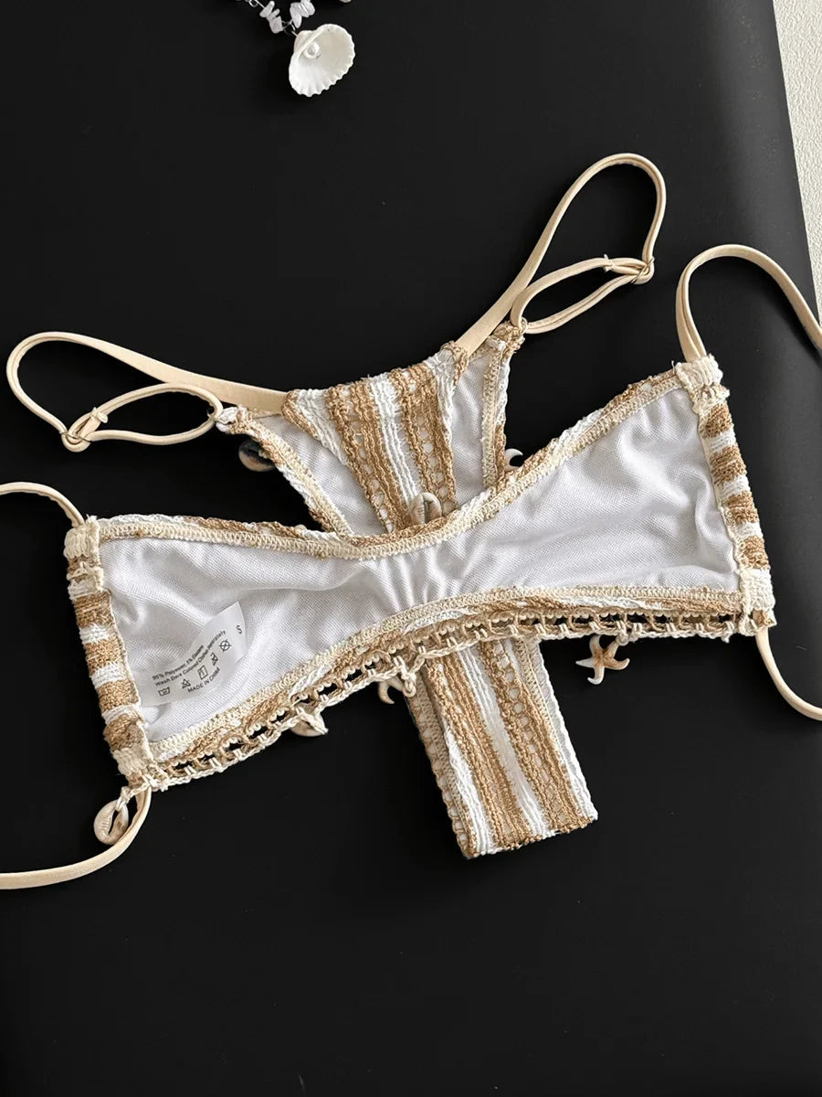 Striped Shell Fishnet Bandeau Bikini Women Swimsuit Female Swimwear Two Pieces Bikini Set Mini Micro Thong Bathing Suit Swim