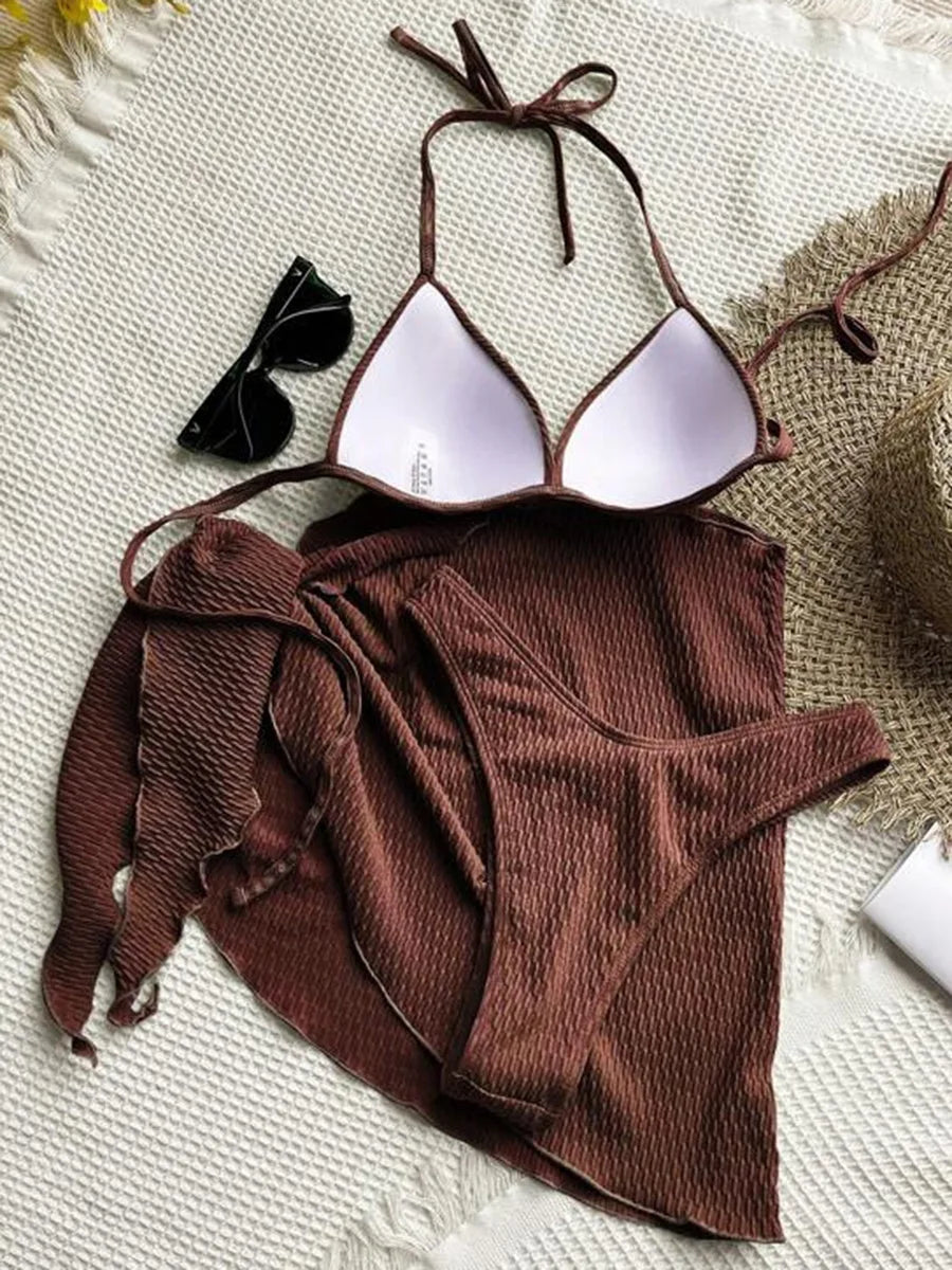 With Beach Sarong Bra Cup Wrinkled Bikini Female Swimsuit Women Swimwear Three-pieces Bikini Set Push Up Bathing Suit Swim Lady