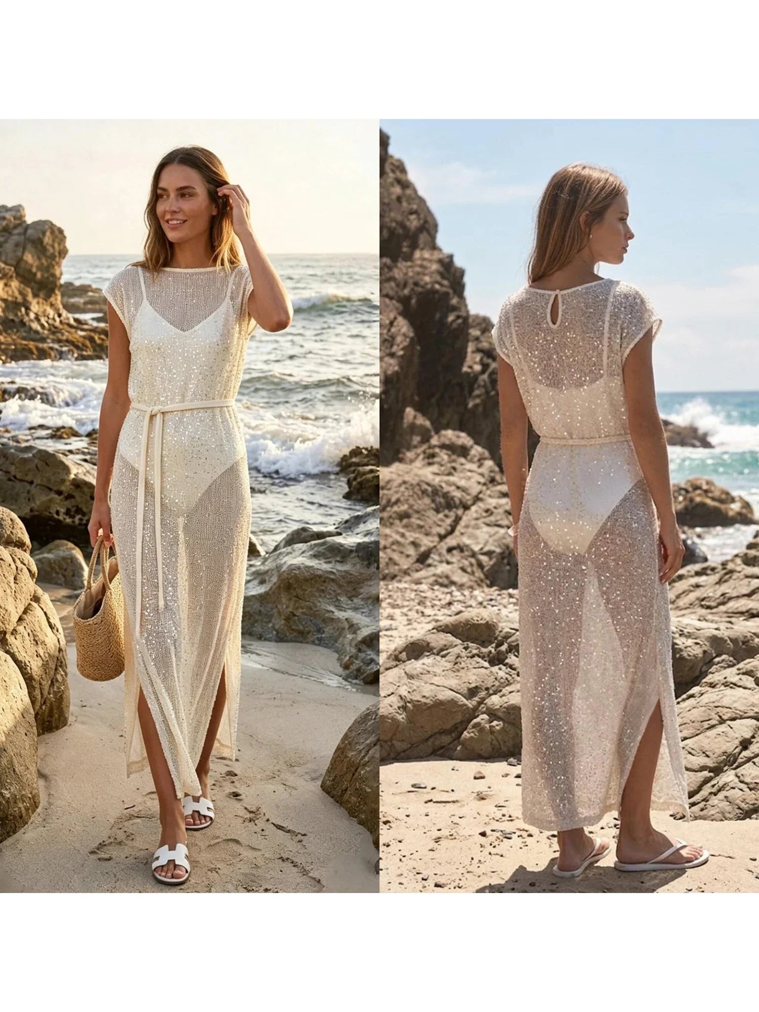 Women's Solid Color Knit Sheer Dress Summer Swim Cover Up Cap Sleeve Round Neck Sequin Dresses for Beach