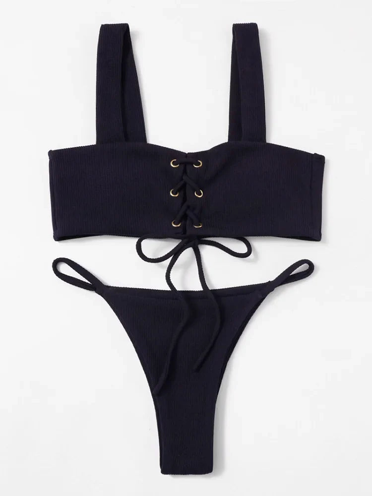 2025 Micro Bikinis Ribbed Bikini Set Women Sexy Swimsuit Mujer Bandeau Bikinis Lace Up Stylish Bathing Suit Wide Straps Swimwear