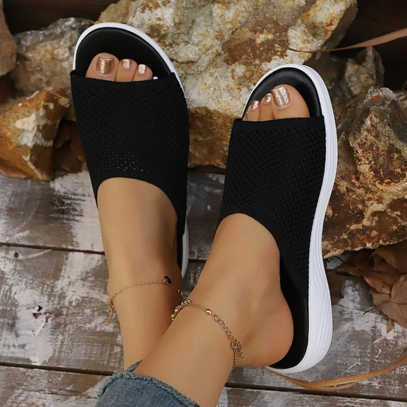 Women's Knitted Breathable Mesh Slide Sandals Soft Flat Sandals with Open Toe Platform Non-Slip Light Casual