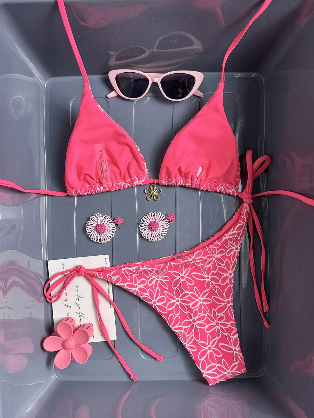 Sexy Mesh Flower Bikinis Sets Women Hot Pink Halter Push Up Bra Tie Side Swimsuit 2026 Beach Bathing Suit Holiday Micro Swimwear