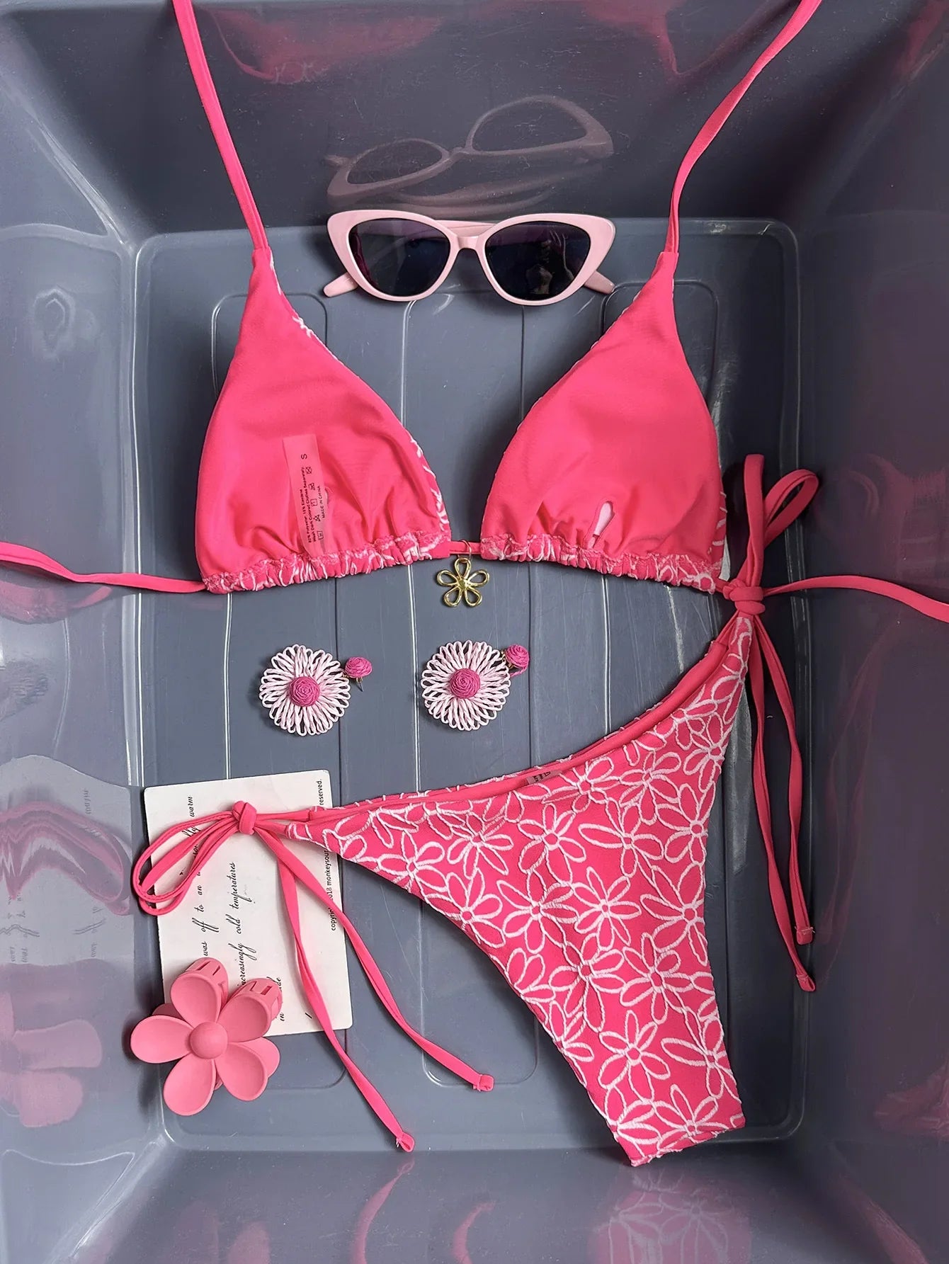 Sexy Mesh Flower Bikinis Sets Women Hot Pink Halter Push Up Bra Tie Side Swimsuit 2026 Beach Bathing Suit Holiday Micro Swimwear