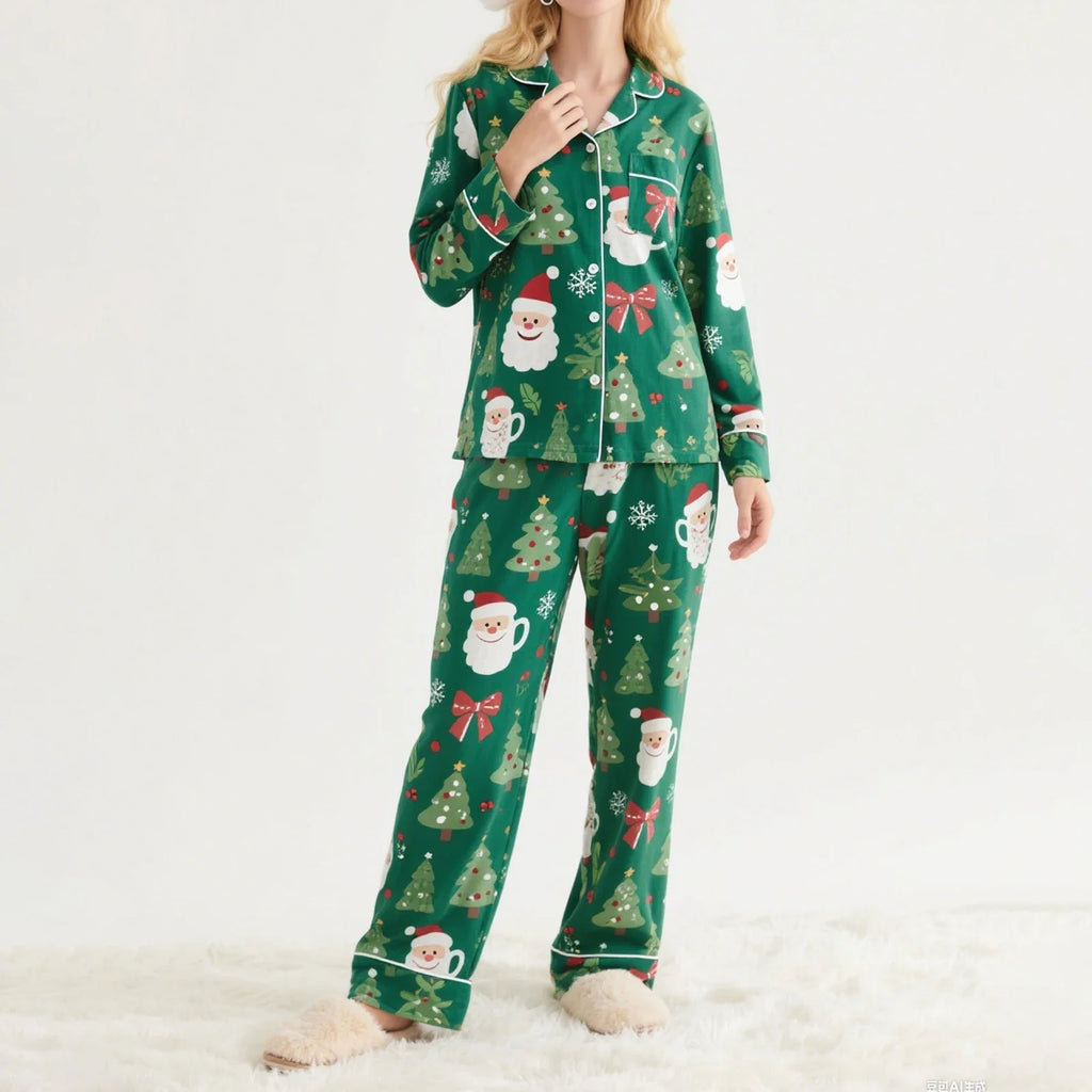 Women's 2025 Christmas Pajama Set Long Sleeve Lapel Santa Claus Christmas Tree Print Shirt Pants Two Pieces Sleepwear