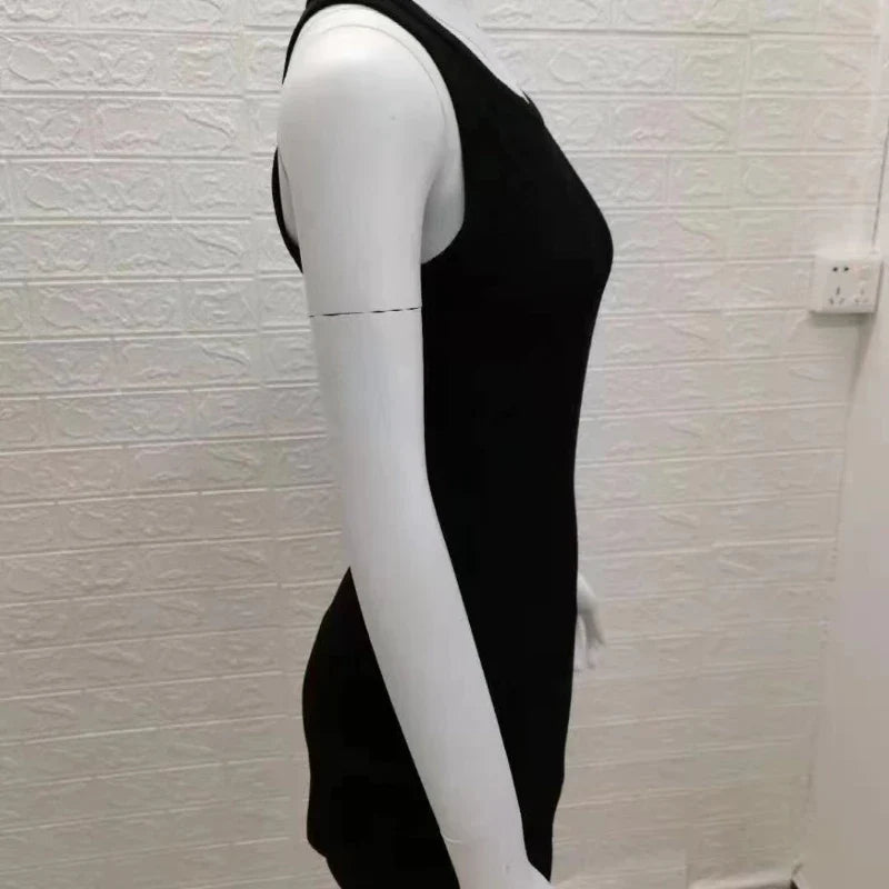 Black Ribbed Summer Dress Sexy Vest Sleeveless Vest Club Party Mini Dress WOMEN'S Solid Color Tight Fitting