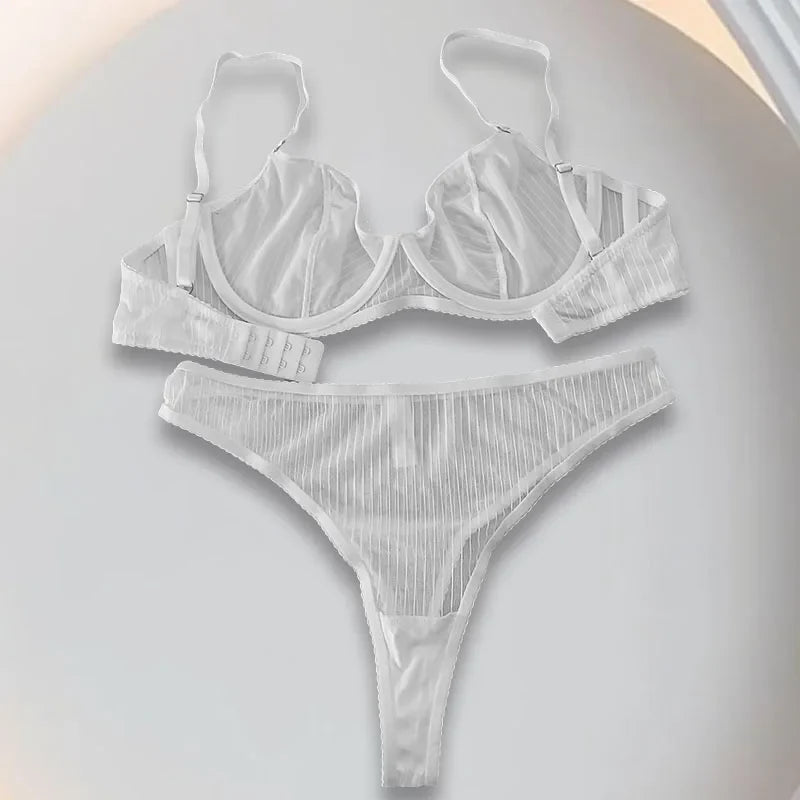 Women's Mesh Lingerie Set Lace Sheer Deep V Neck Bra and Panty Sexy Underwear Stranparent White Lingerie sets 2 pieces