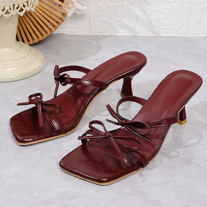 Zoki Elegant Bowknot High Heels Sandals Women Square Toe Design Thin Heels Slippers Woman Fashion Slip On Party Shoes Female