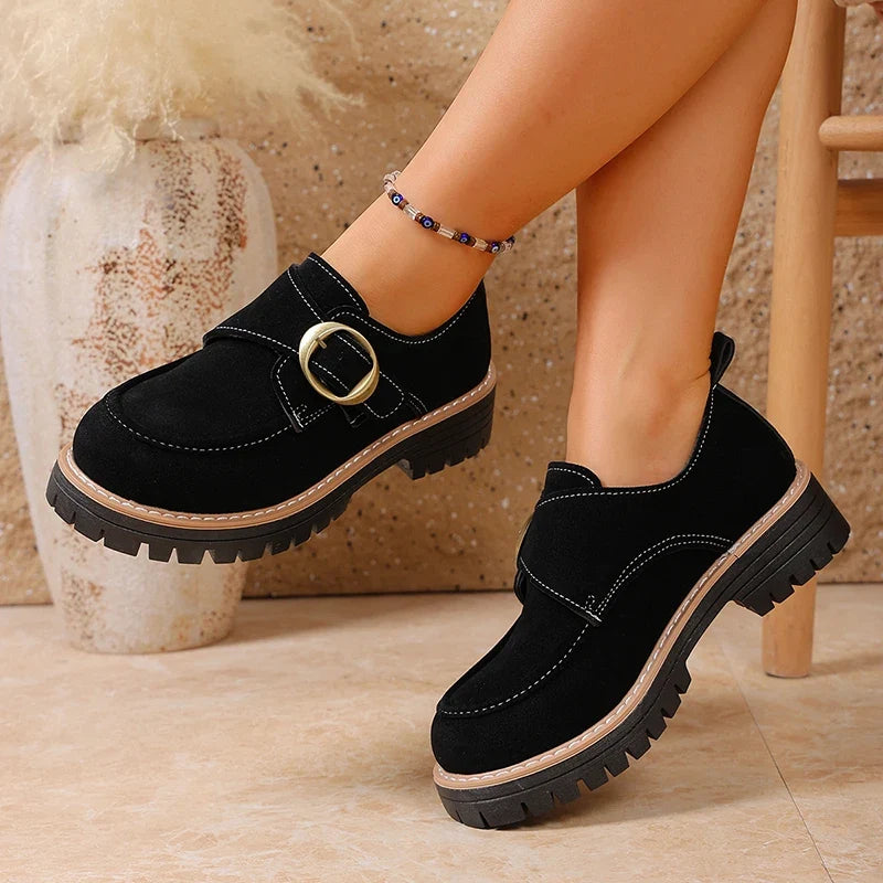 Fashion Buckle Women's Platform Loafers Plus Size 43 Thick Bottom Office Work Shoes Women Non Slip Flock Single Shoes Woman