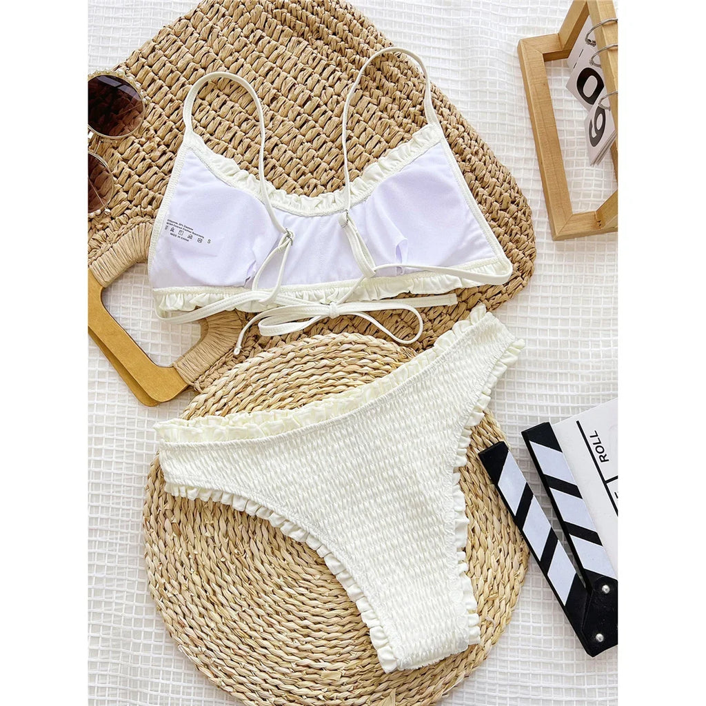 Frilled Ruffled Wrinkled Mid Waist Bikini Women Swimwear Female Swimsuit Two-pieces Bikini Set Bather Bathing Suit Swim V5844