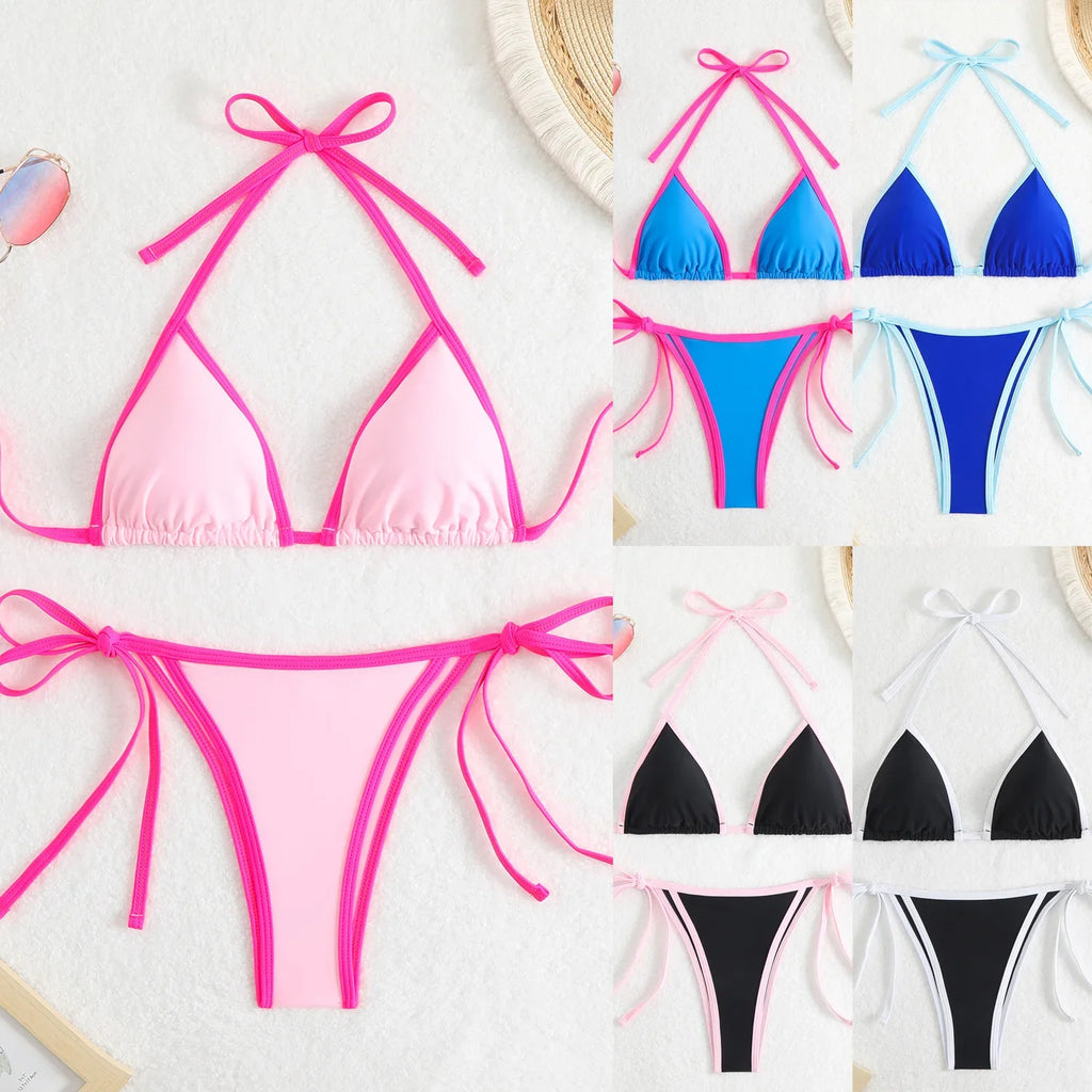 2026 Summer Women Patchwork Swimsuit Sexy Backless Neck Bikini Set Lace-up Bathing Suit Beachwear Femme Padded Swimwear Holiday