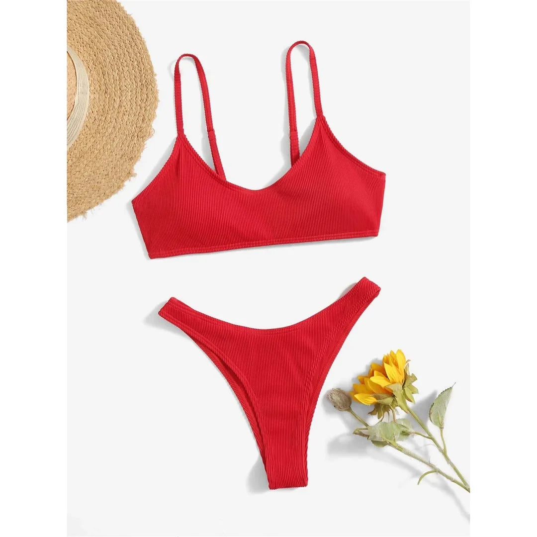 Ribbed High Leg Cut Bikini Female Swimsuit Women Swimwear Two-Pieces Bikini Set Brazilian Padded Bather Bathing Suit Swim V7126