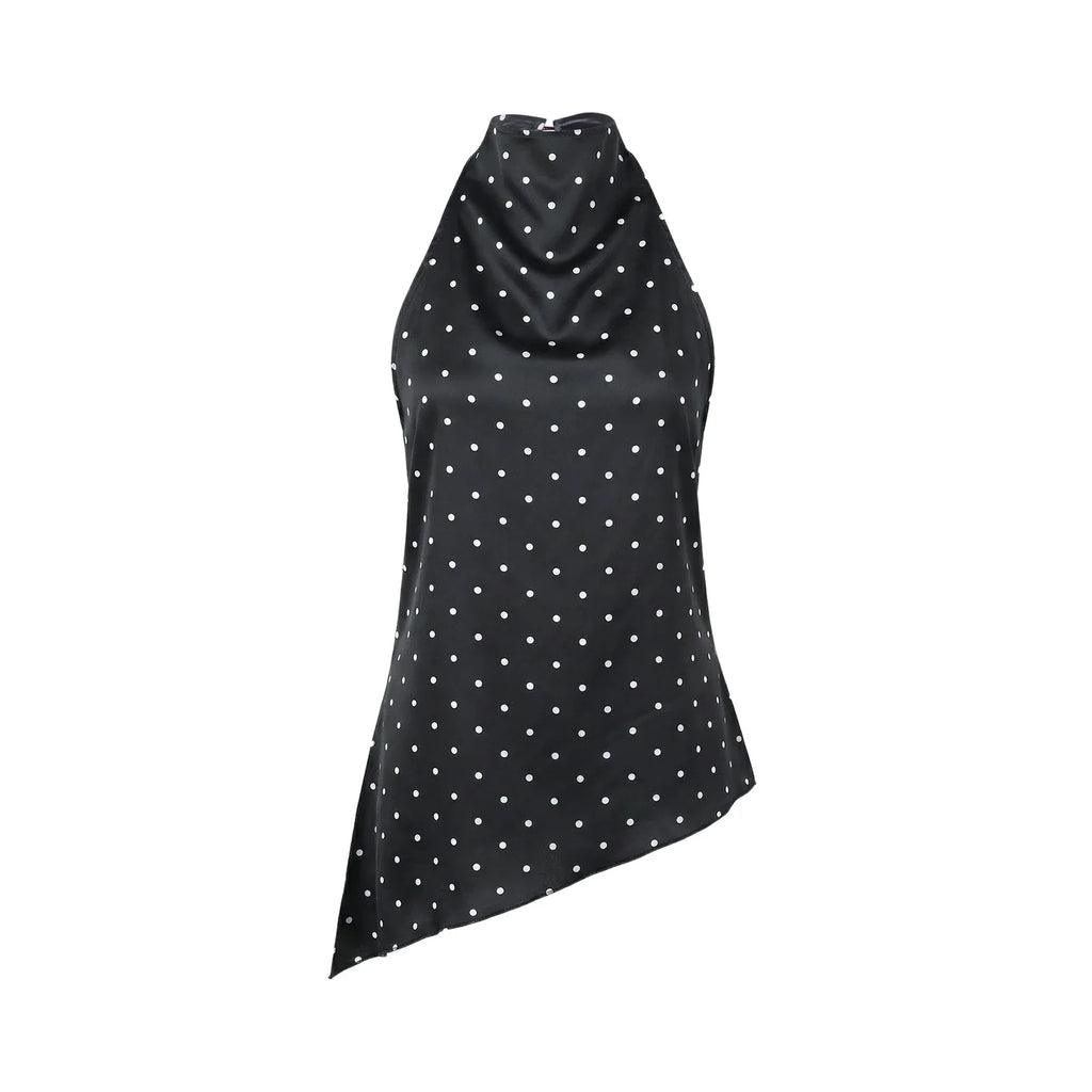 Women Halter Tank Tops Dots Print Asymmetric Hem Vest 2026 Summer Fashion Sleeveless Elegant Retro Blouses Streetwear