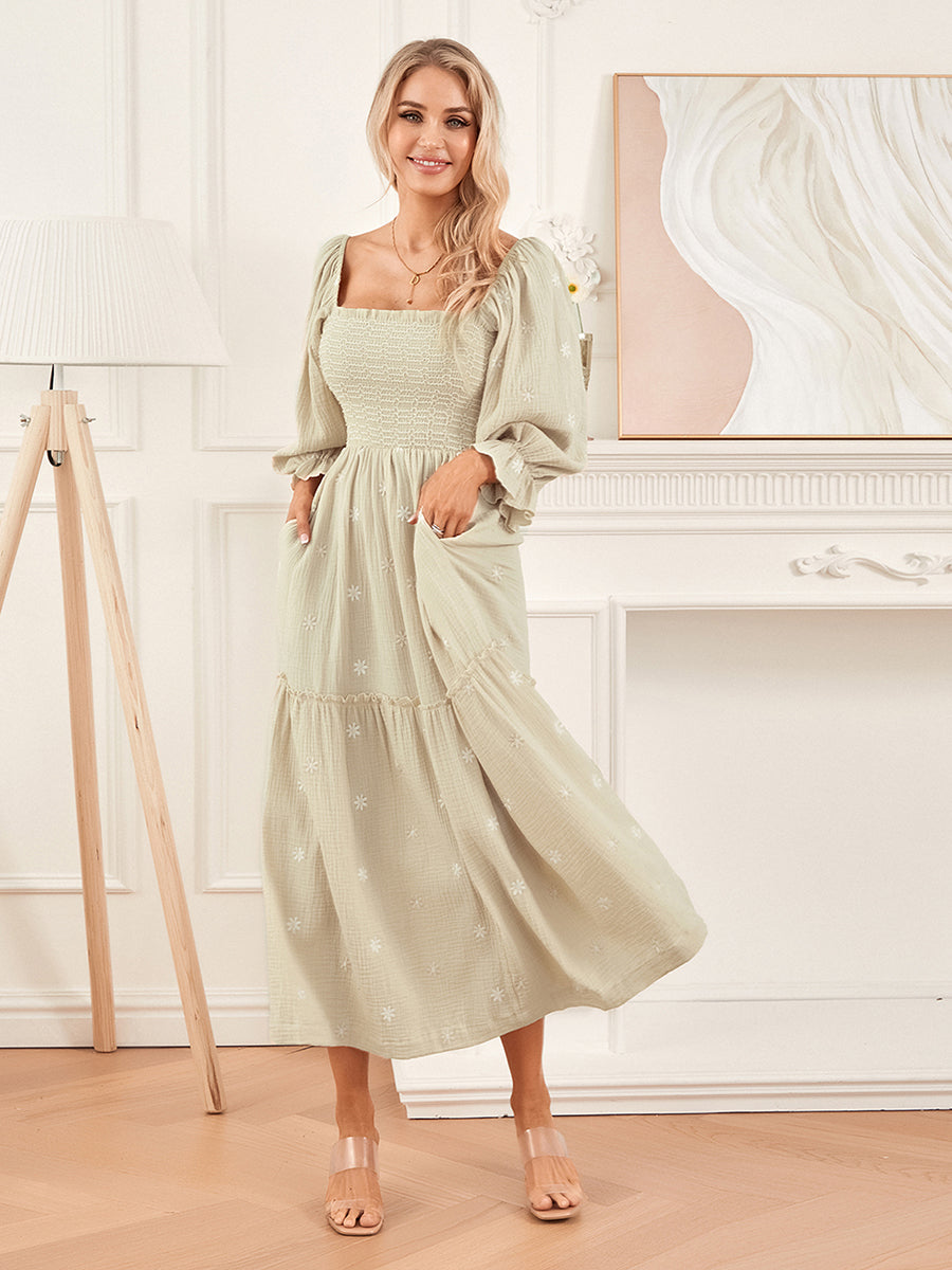 Women Spring Fall Long Dress Long Sleeve Dress Square Neck Embroidery Flower Loose Swing Dress Wit Pocket