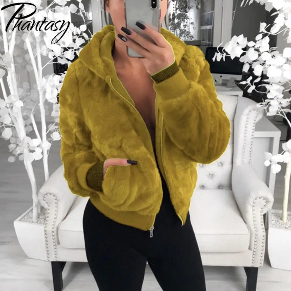 Phantasy Women's Hoodies Women Clothing Streetwear New Style Fashion Hooded Imitation Fur Plush Coat Solid Color Jacket Female