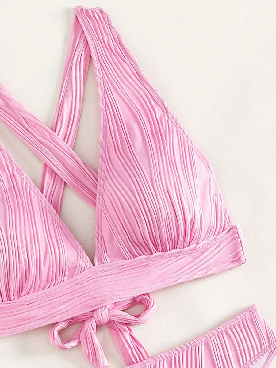 Wrinkled Crinkled Cross Back Bikini Women Swimwear Female Swimsuit Two-pieces Bikini Set High Cut Bathing Suit Swim Beach Wear