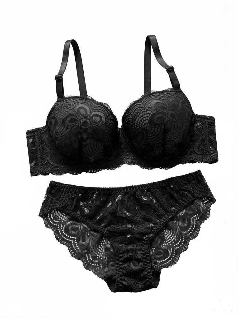 Black Lace Bra and Panty Set – Sexy Underwear set for Women Floral Embroidery lace set push up bra 2123