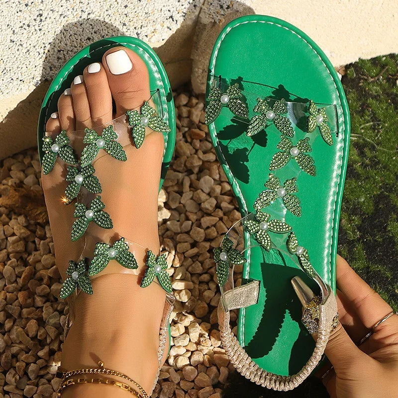 Summer Bling Butterfly Diamond Flat Sandals for Women Luxury Pearl Elastic Band Woman Sandles Plus Size Woman Sandals