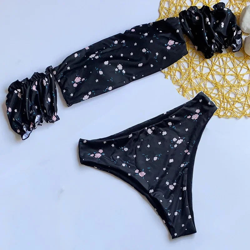 Ruffled Frilled Off Shoulder Bikini Women Swimsuit Female Swimwear Two Pieces Bikini Set Bandeau Bather Bathing Suit Swim Lady