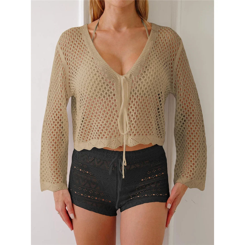 V Neck Long Sleeve Hollow Out Crochet Knitted Tunic Beach Dress Beach Wear Beachwear Beach Cover Up Cover-upsFemale Women V7192