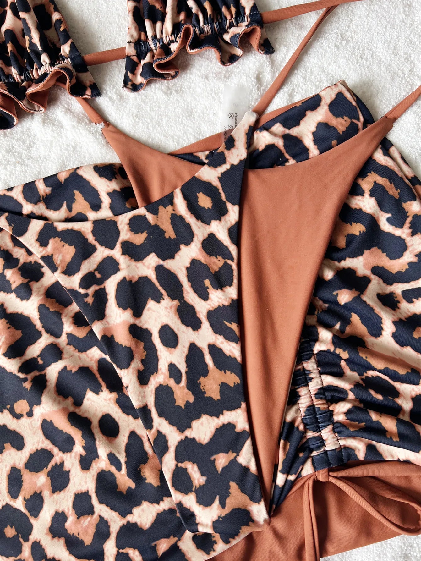 2026 Summer Leopard Print 3 Pieces Suit Swimwear Reversible Sexy Halter Lace-up Bikini Set Drawstring Skirt Cover Up Beachwear