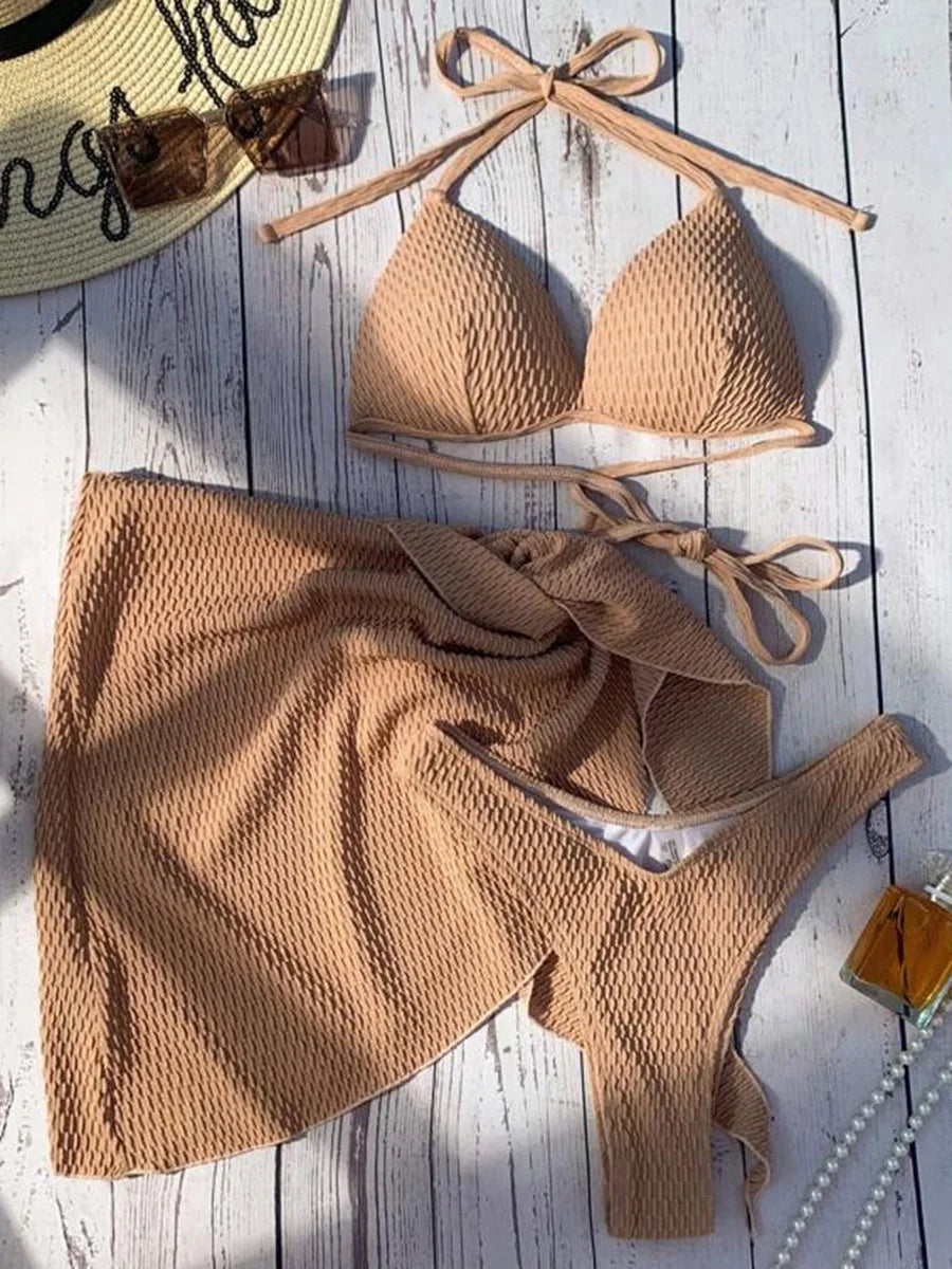 With Beach Sarong Bra Cup Wrinkled Bikini Female Swimsuit Women Swimwear Three-pieces Bikini Set Push Up Bathing Suit Swim Lady