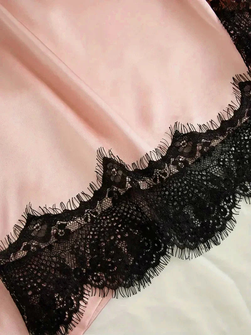 Women's Satin Sleepwear Pajama Set Pink Sexy Lingerie Bath Robe Lace Patchwork Silk Night Dress Trousers Home Clothed Nightwear