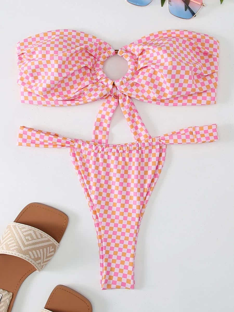 Ring Link Bandeau Bikini 2026 Floral Strappy Swimsuit Women Padded Swimwear Female Bathers Bathing Swimming Swim Suit Beachwear