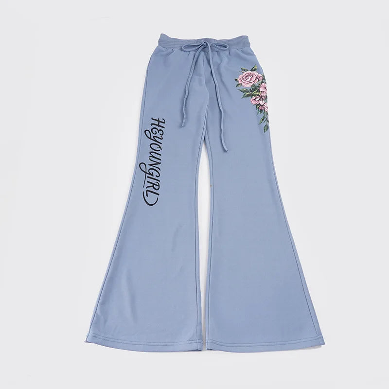 Retro rose letter print low-waist drawstring flared trousers, slim fit and versatile casual trousers