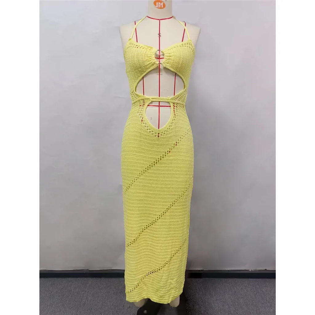 New Sexy Halter Tummy Cut Out Crochet Knitted Tunic Beach Cover Up Cover-ups Beach Dress Beach Wear Beachwear Female Women V5454