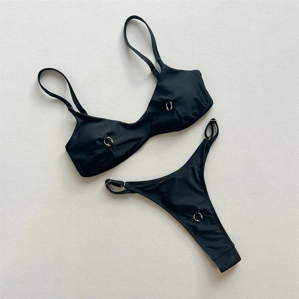 Metal Ring Mini Micro Thong Bikini Women Swimwear Female Swimsuit Two-Pieces Bikini Set Padded Bather Bathing Suit Swim V7513