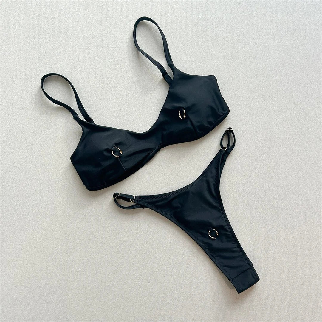 Metal Ring Mini Micro Thong Bikini Women Swimwear Female Swimsuit Two-Pieces Bikini Set Padded Bather Bathing Suit Swim V7513