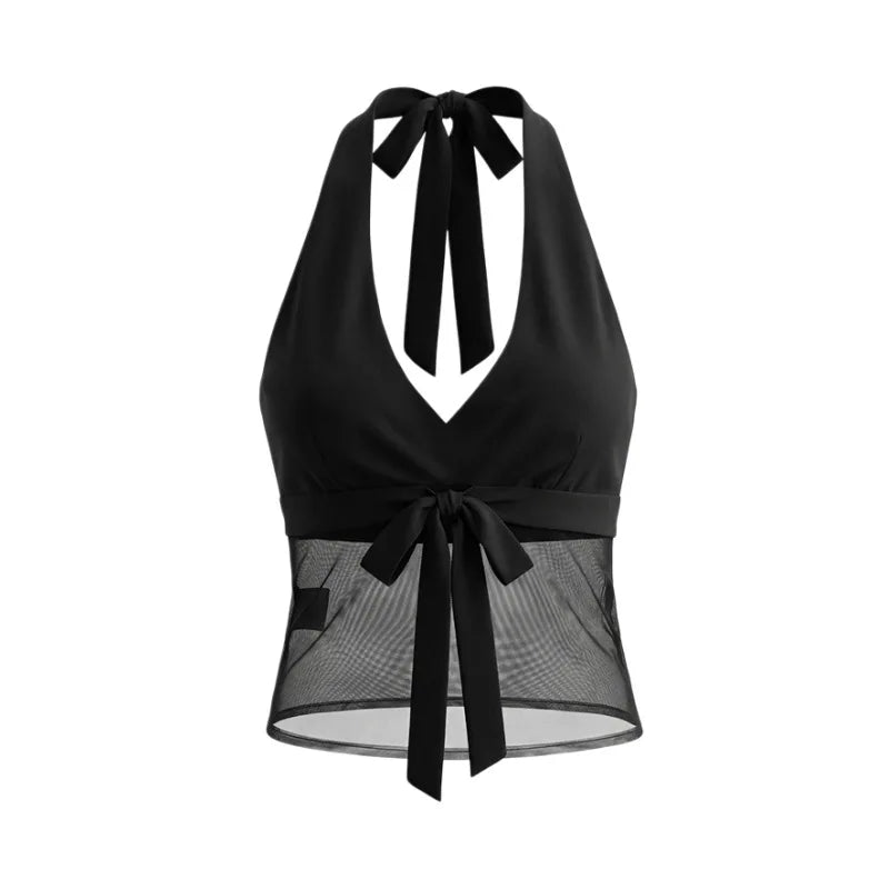 Vietnamese Sexy Halter Neck Strap Tank Top Feminine Mesh Transparent Slim Fit Large Open Back Short Camisole Top Casual RUKJ