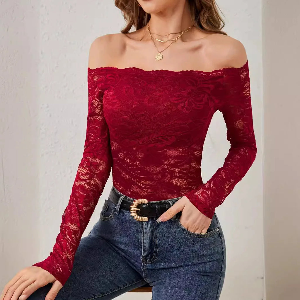 European and American elegant scalloped neckline, off-the-shoulder lace slim fit T-shirt long-sleeved top