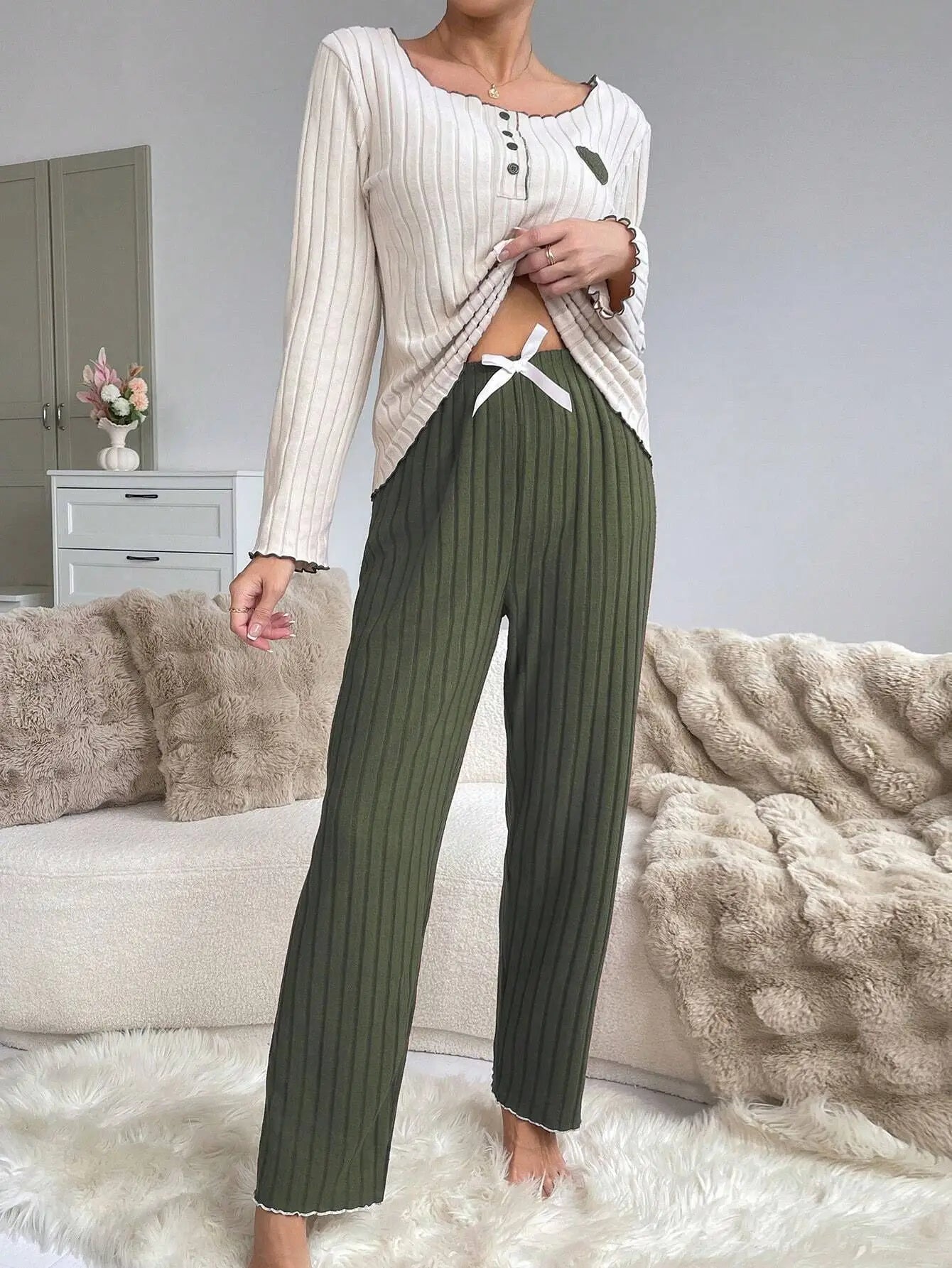 Women Autumn Winter Sleepwear Casual Long Sleeve Heart Printd Tops and Long Trousers Pajamas Set Homewear Loungewear