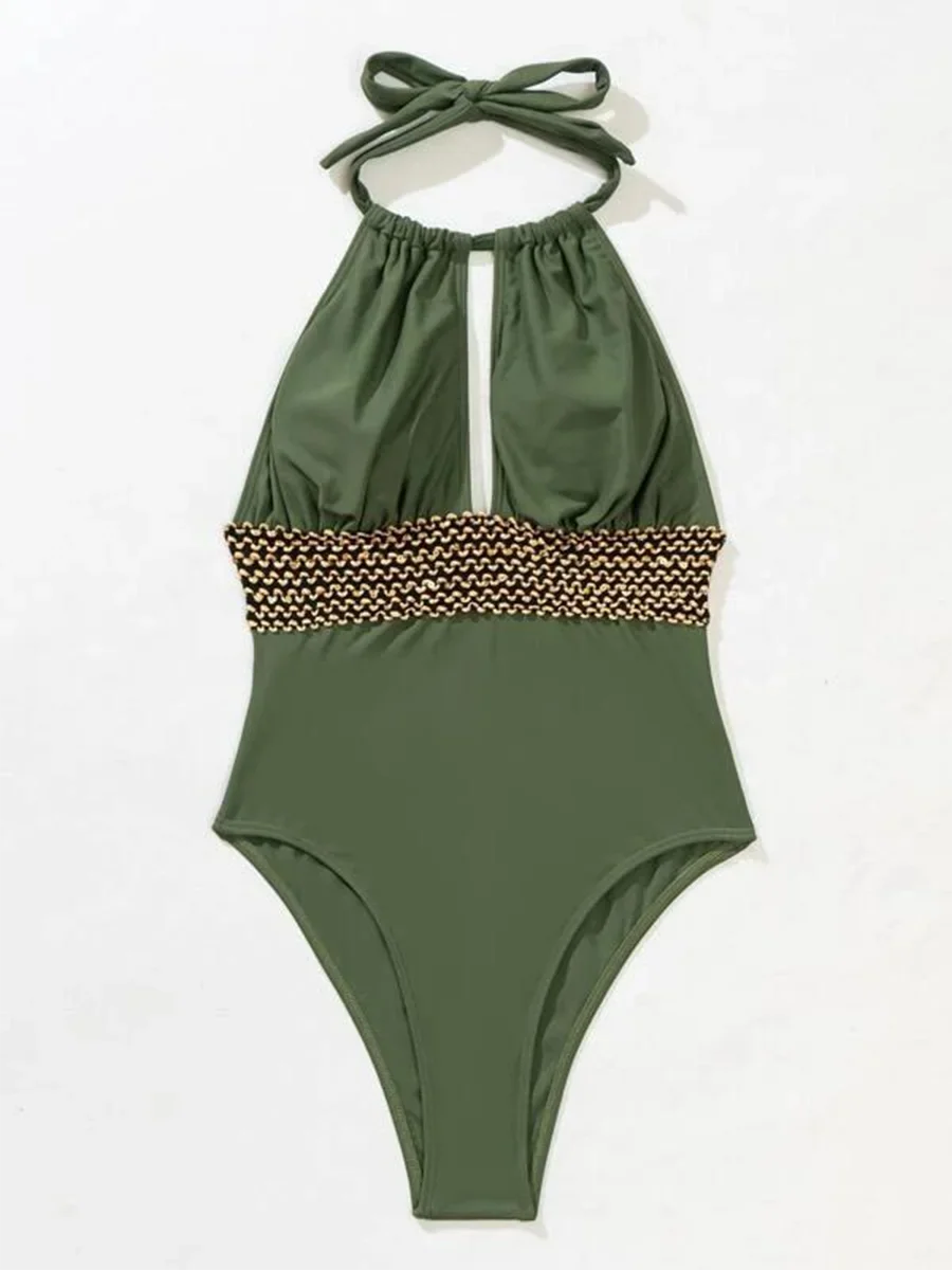 2026 Halter Swimsuit Metal Chain Solid Swimwear Women Bathing Suit Female Padded Monokini Swimming Summer Beachwear Bodysuit