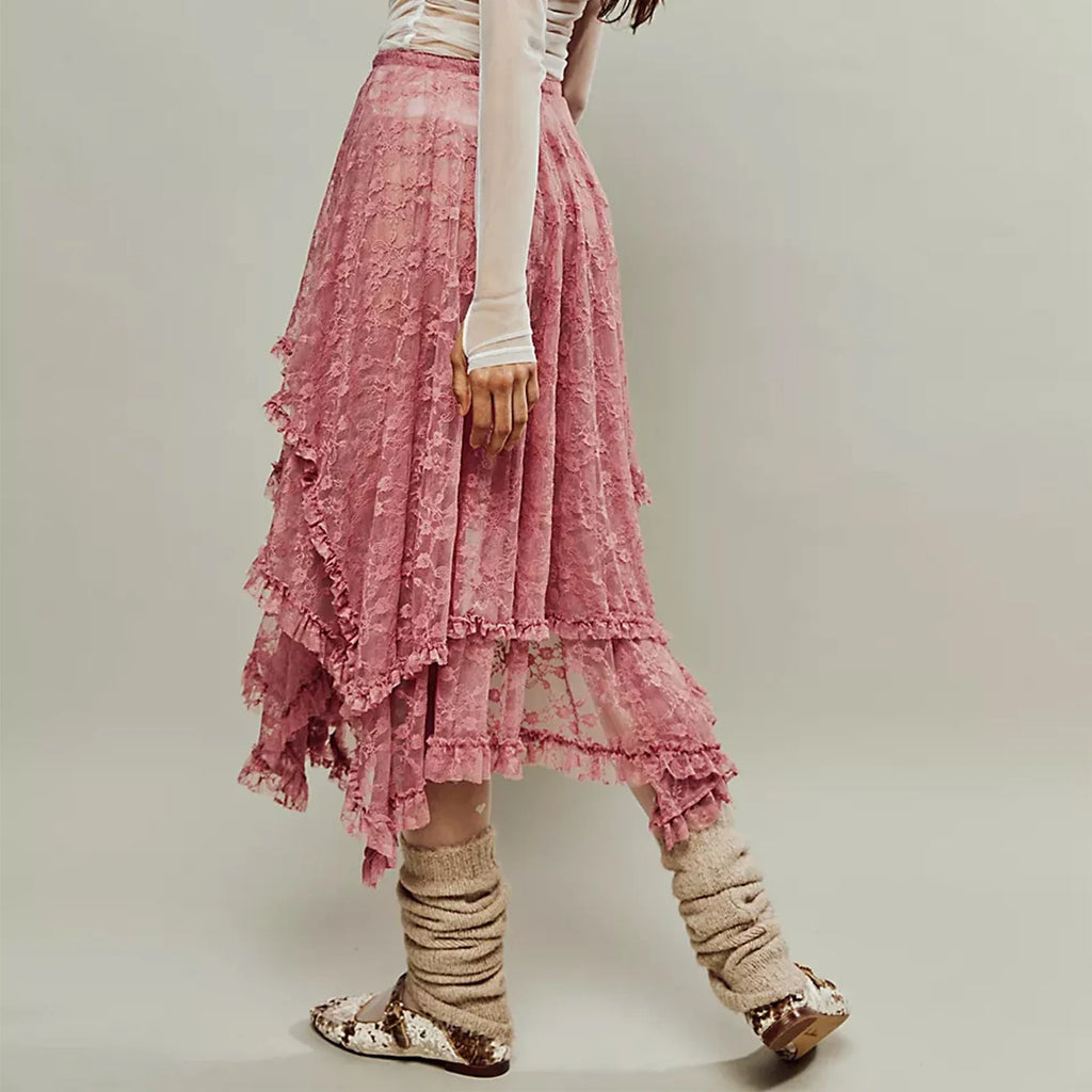 Women's Solid Color Midi Skirts Lace Elastic High Waist Skirts Spring Summer Sweet Irregular Hem Casual Skirts